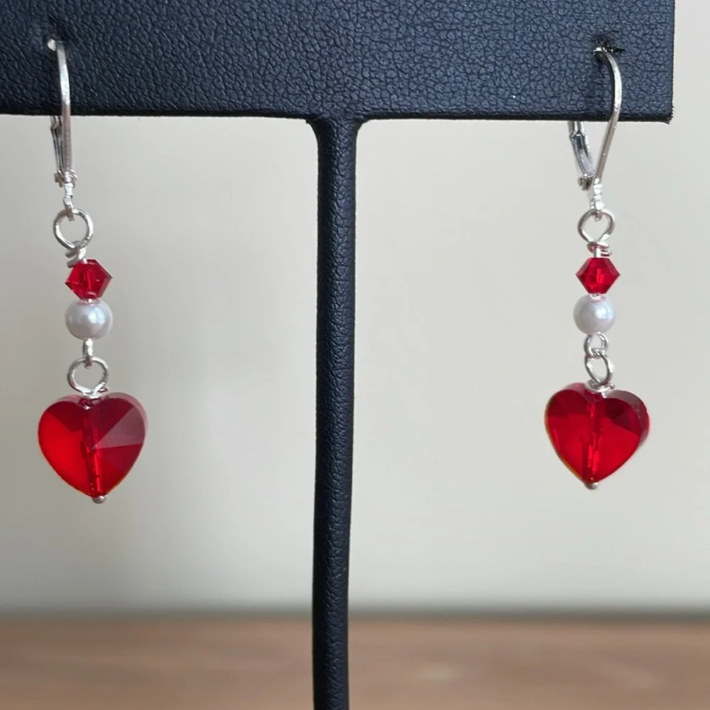 HAND CRAFTED RED HEARTS & WHITE PEARLS EARRINGS